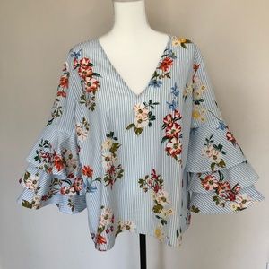 Blue-White Stripped  V-neck Tulip Sleeve Shirt